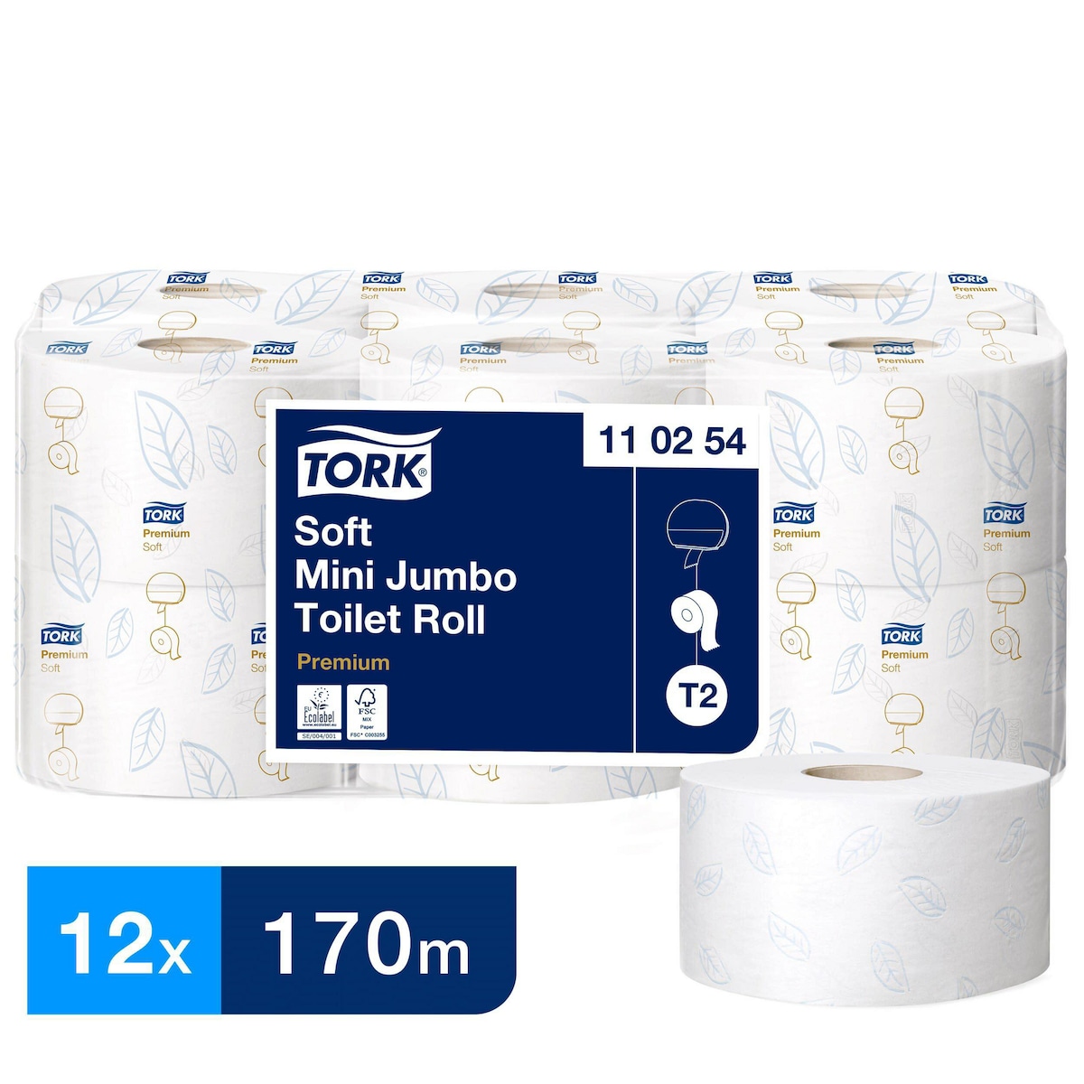 Tork Soft Mini Jumbo Toilet Paper Roll White T2, 1102542, 2 Ply 170m, Pack of 12 1