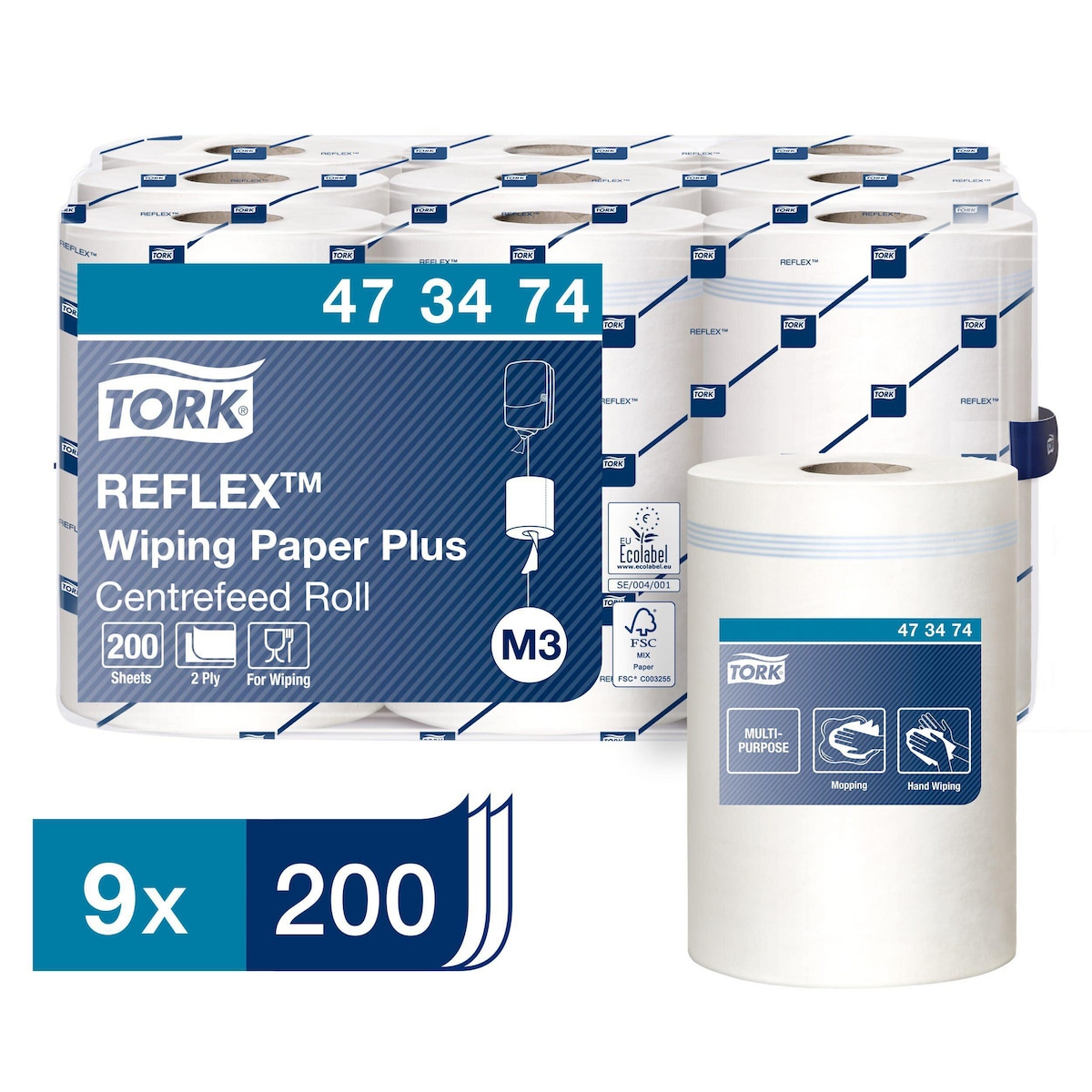 Tork Reflex™ Wiping Paper Towel Plus White M3, 473474, 2 Ply, Pack of 9 1