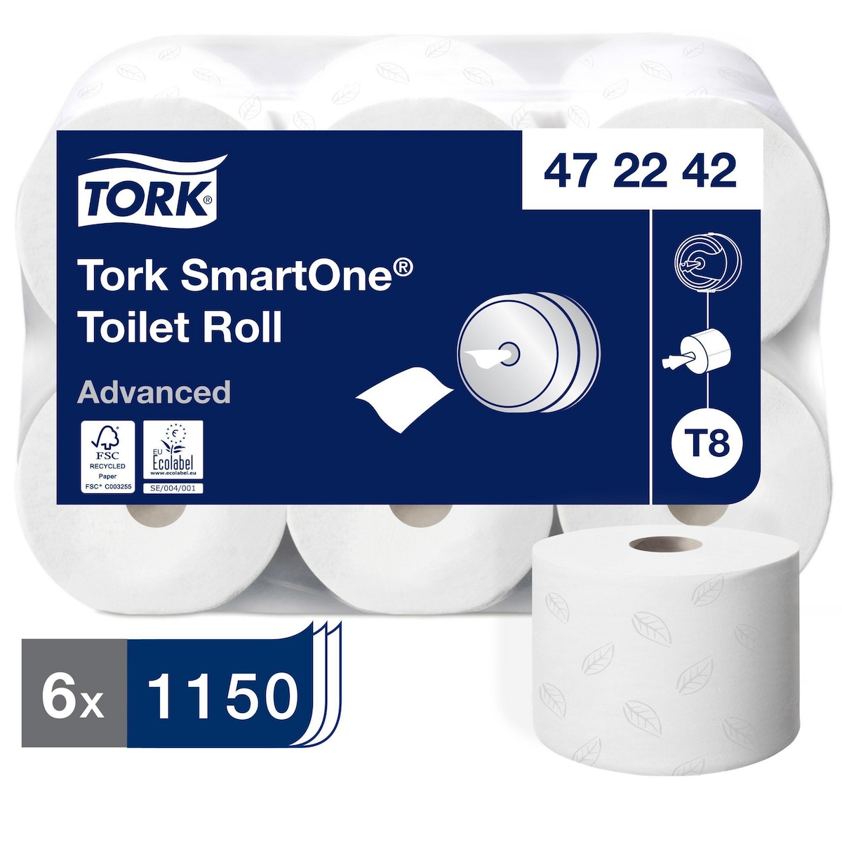 Tork SmartOne® Toilet Roll White T8, 472242, 2 Ply, Pack 6 x 1150 Sheets 1