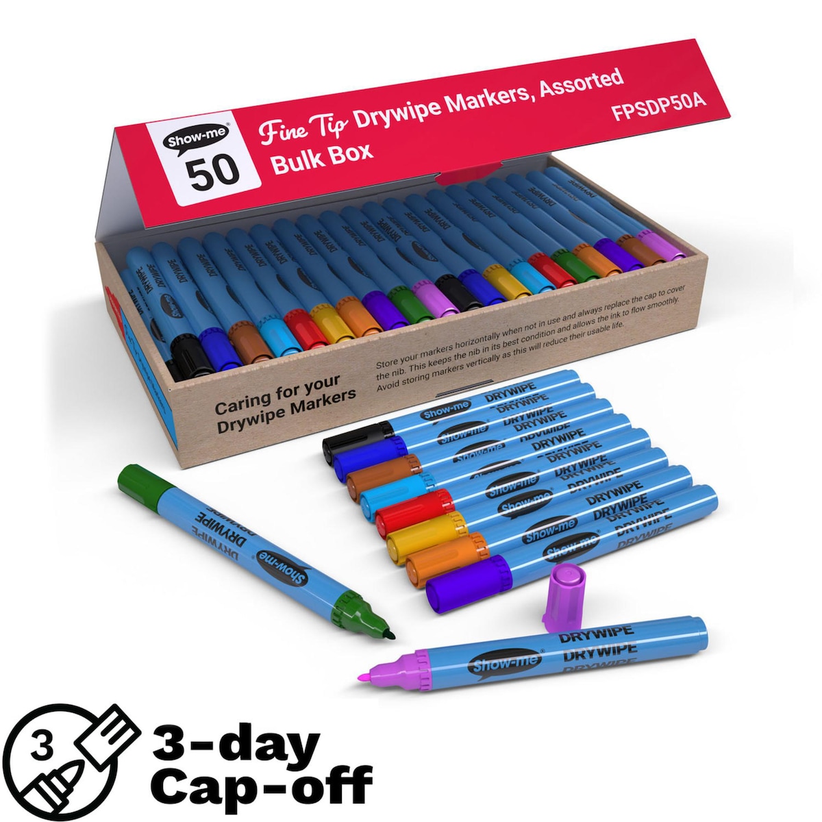 Show-me Fine Tip Drywipe Markers - Box of 50 Assorted Colours 1