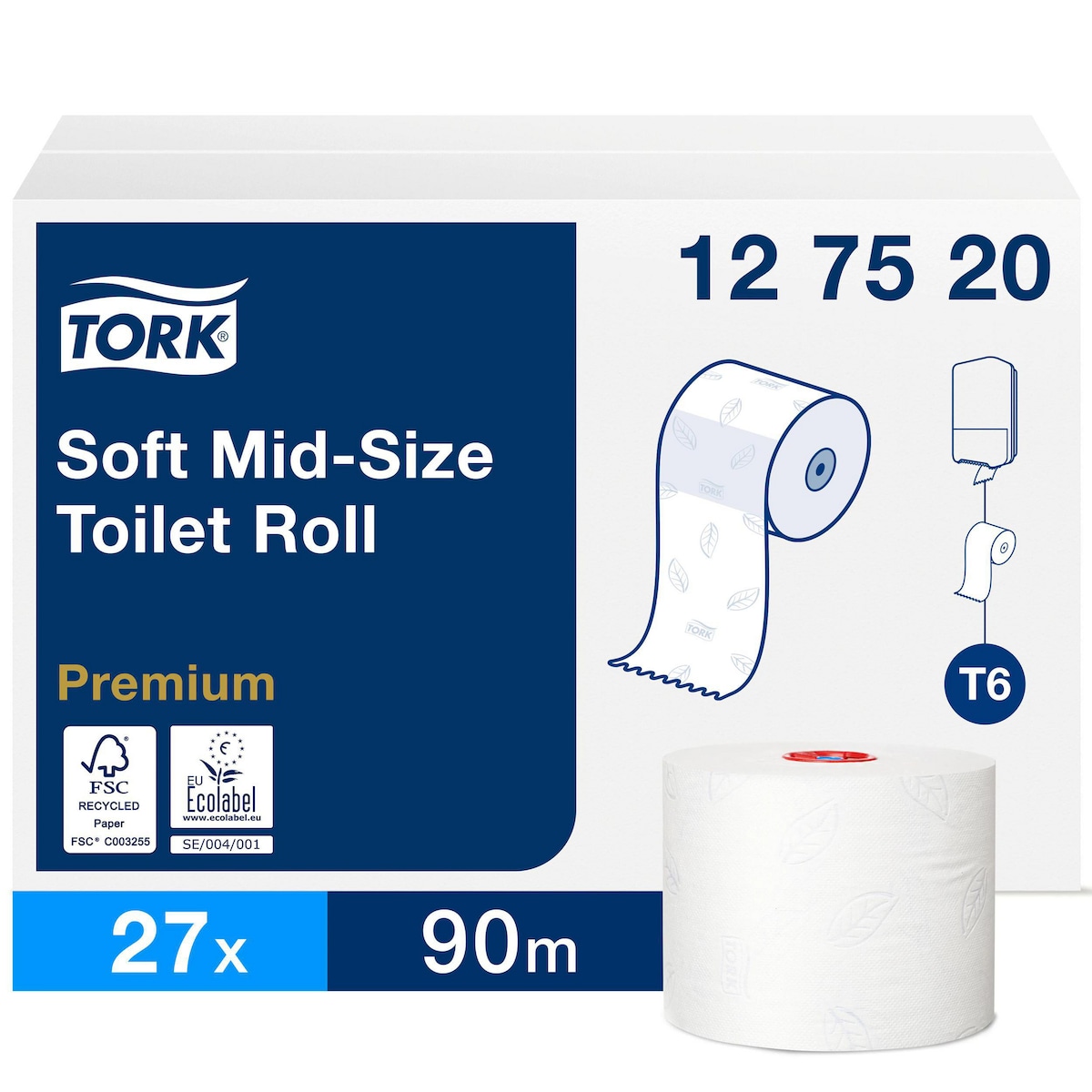 Tork Soft Mid-size Toilet Paper Roll White T6, 127520, 2 Ply 90m, Pack of 27 1
