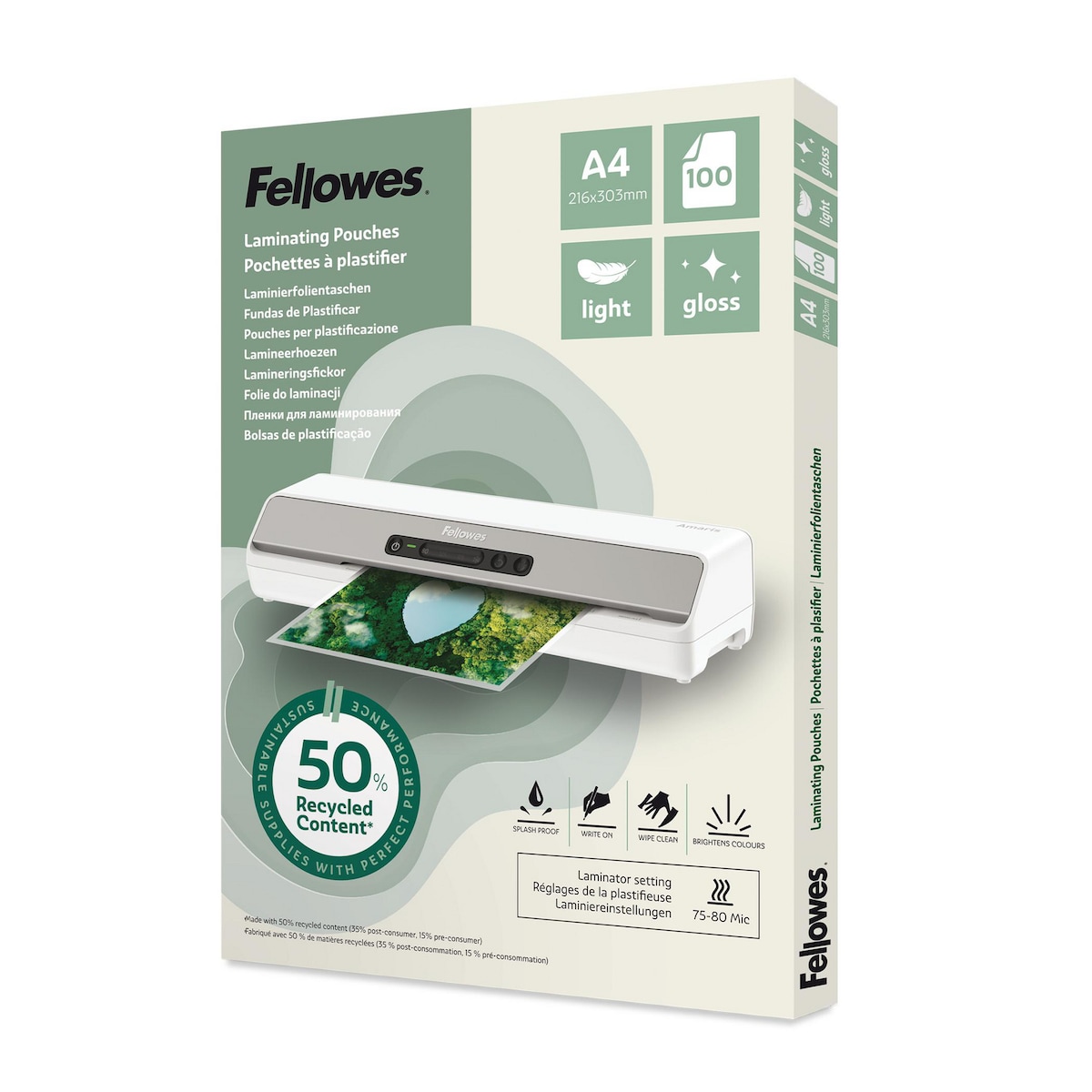 Fellowes Recycled A4 Laminating Pouches Gloss Light Duty Pack of 100 1