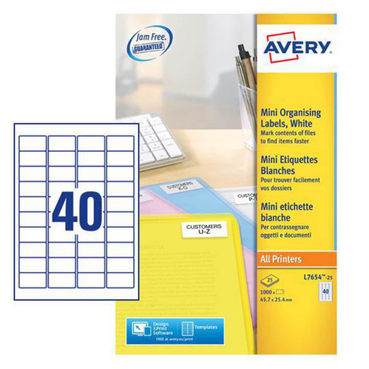 Avery L7654-25 Mini Labels, 45.7 x 25.4mm 40 Labels Per Sheet, 1000 Labels Per 1