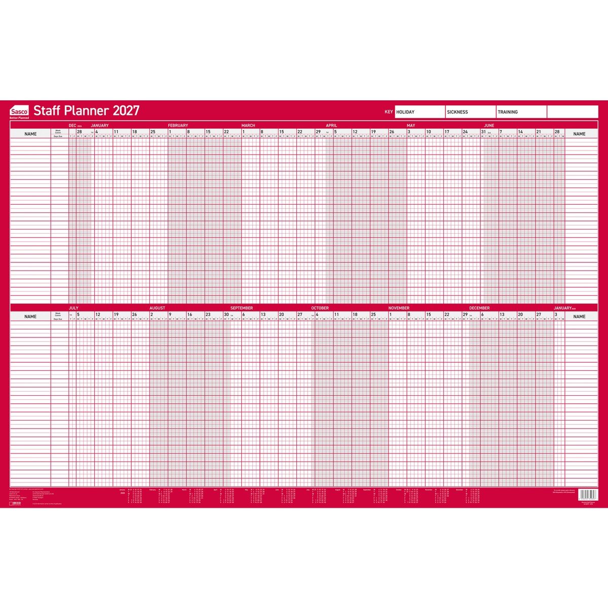 Sasco - 2027 Staff Planner - Red, Board Mounted, 915(W) x 610(H)mm 1