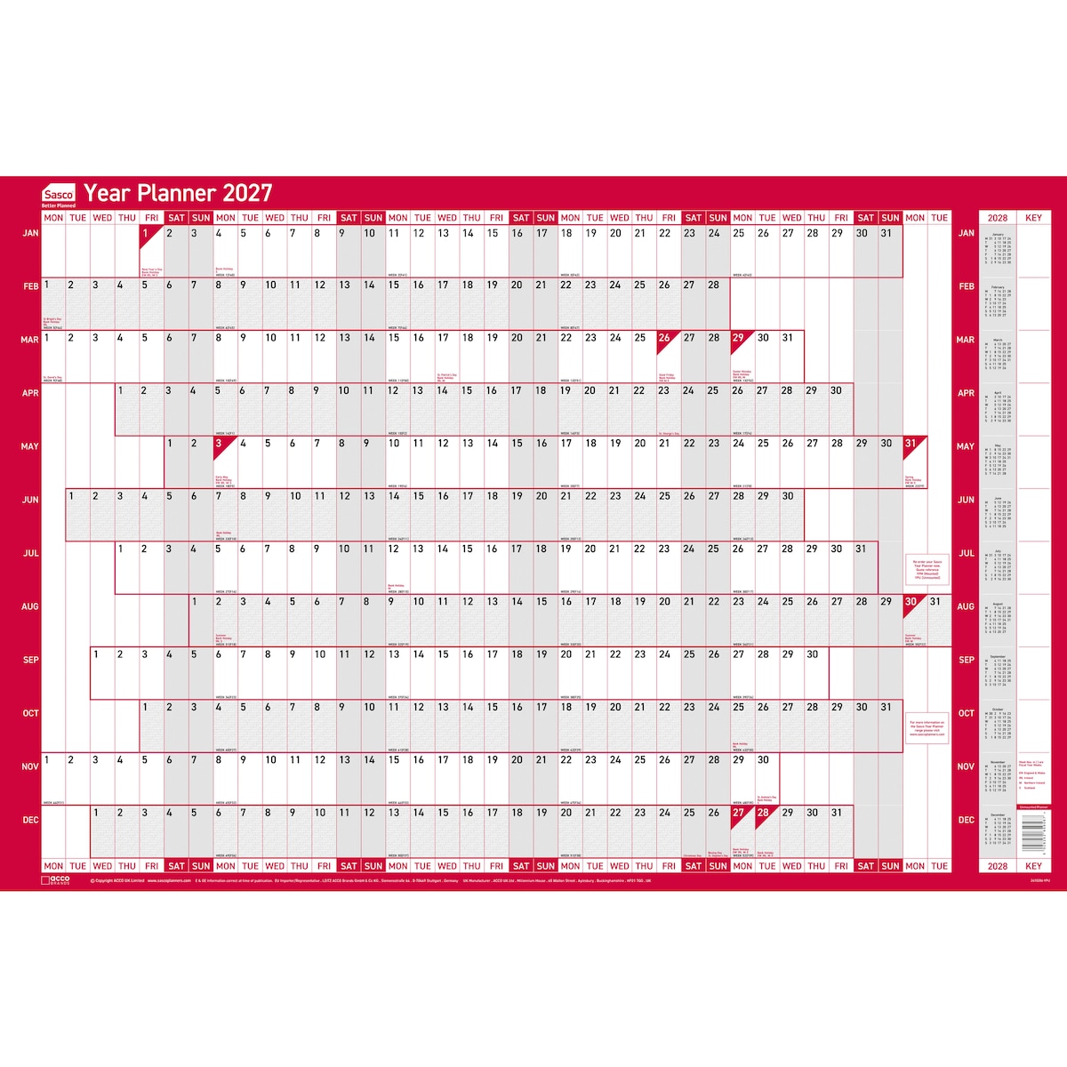 Sasco - 2027  Original Year Planner - Red, Poster Style, 915(W) x 610(H)mm 1
