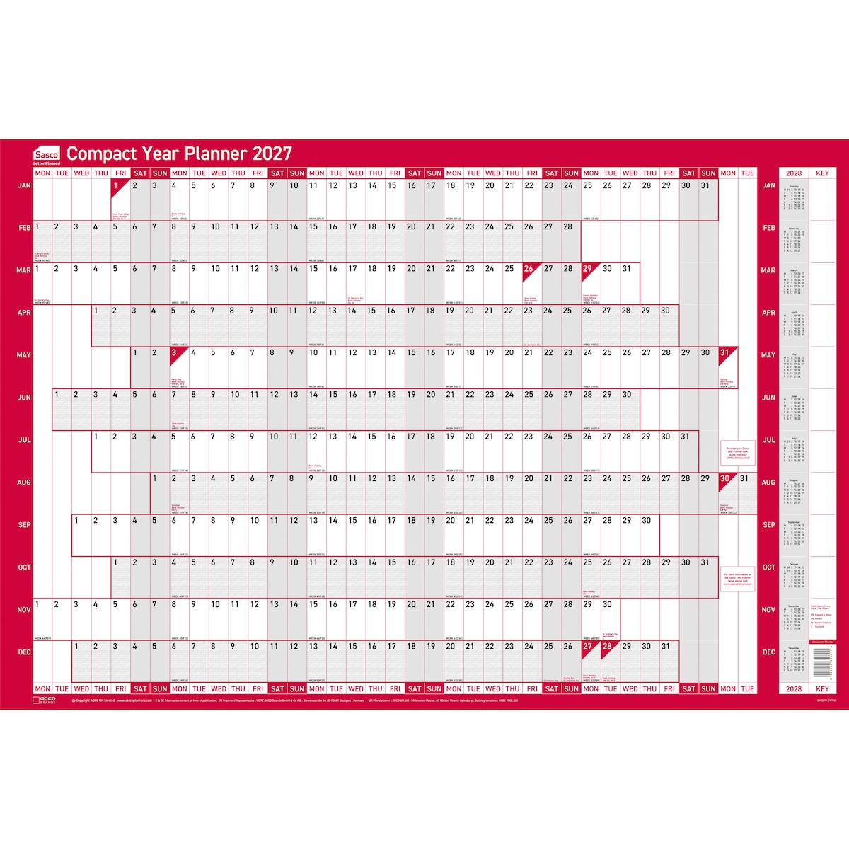 Sasco - 2027 Compact Year Planner, Landscape - Poster Style, 610(W) x 450(H)mm 1