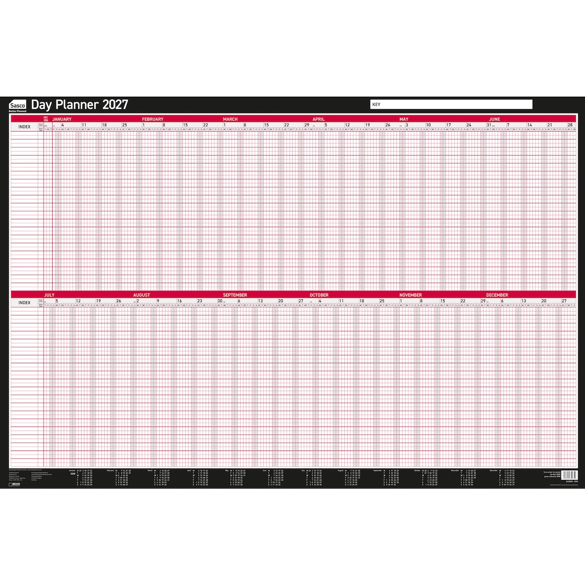Sasco - 2027 Day Planner - Black/Red, Board Mounted, 915(W) x 610(H)mm 1