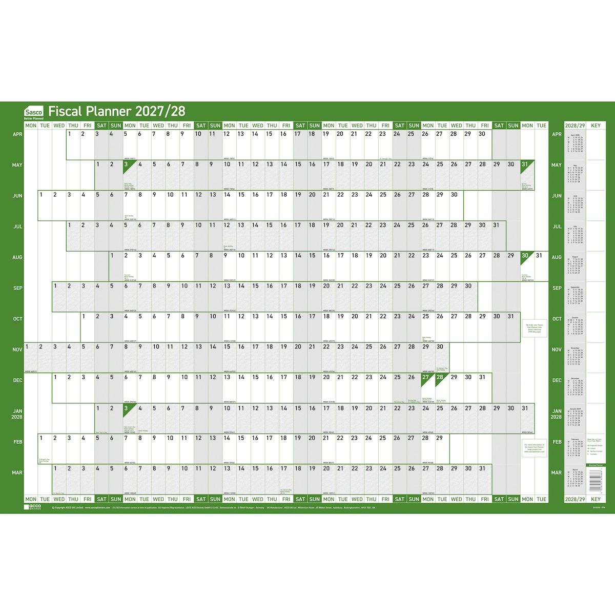 2027 Fiscal Year Planner Sasco - 915m x 610mmh Mounted - Green 1
