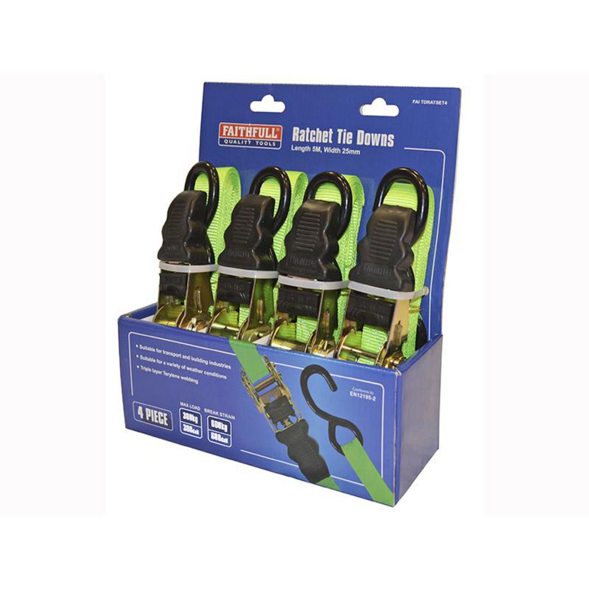 Ratchet Tie-Downs 5m x 25mm Green 4 Piece 1