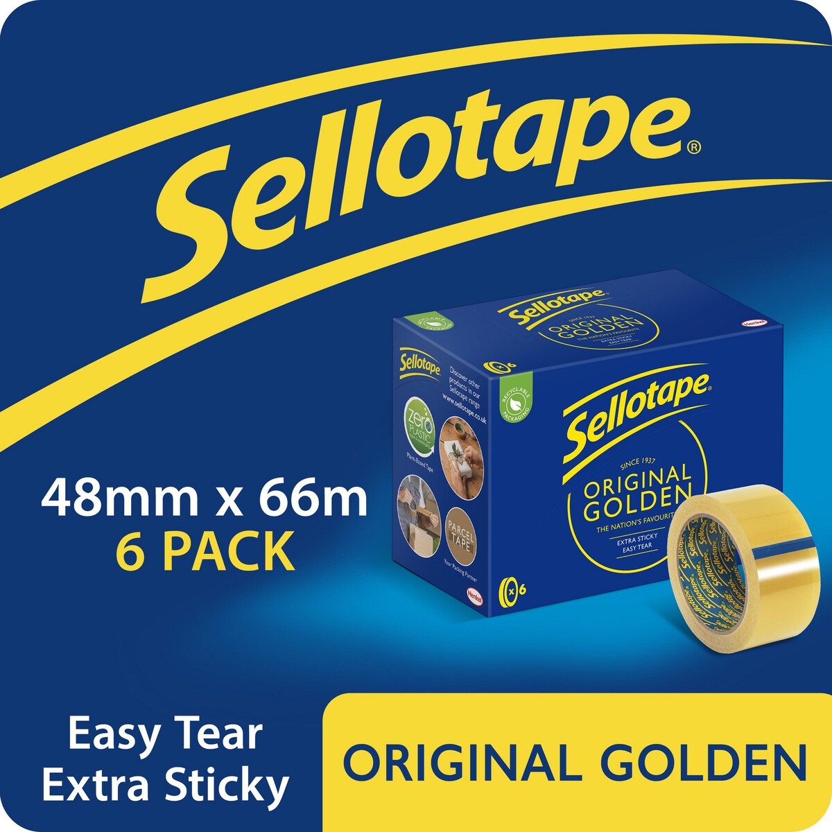 Sellotape Original Golden Tape - 48mm x 66m, Pack of 6 1